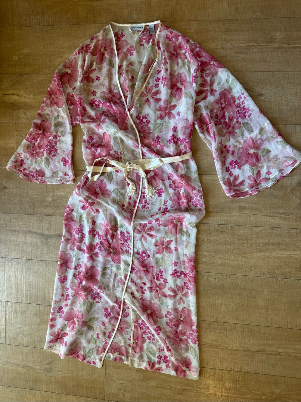 VTG Valerie Stevens Sheer Pink Floral Bell Sleeve Robe Large coquette